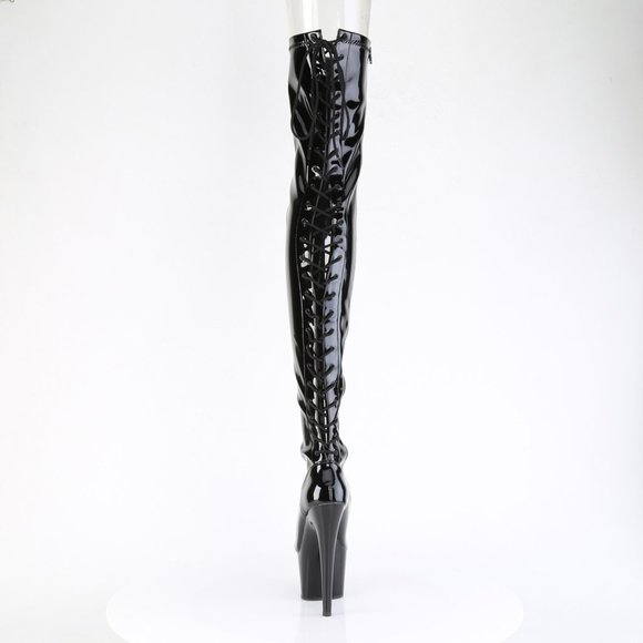 Patent Leather Platform Heel Lace Up Back Thigh High Boots - Picture 3 of 5